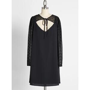 NWT Modcloth Black Sheer Polka Dot Long Sleeve Shift Dress Tie Neck M